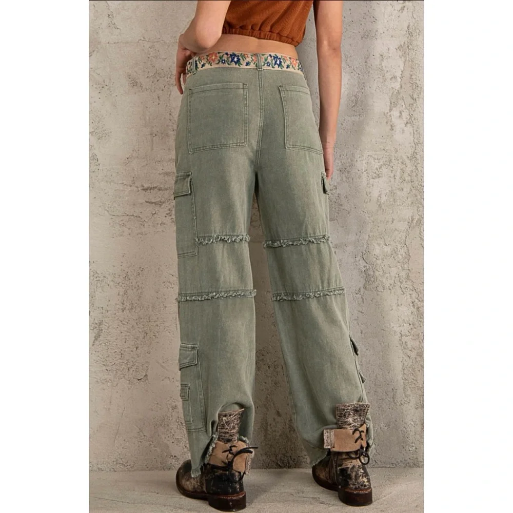 POL Army Green Frayed Edge Utility Jeans Relaxed Fit - Picture 5 of 14